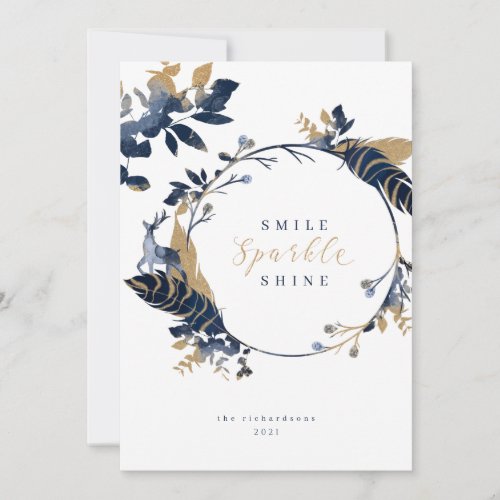 Navy  Gold Jewels Feathers  Foliage Wreath Holiday Card