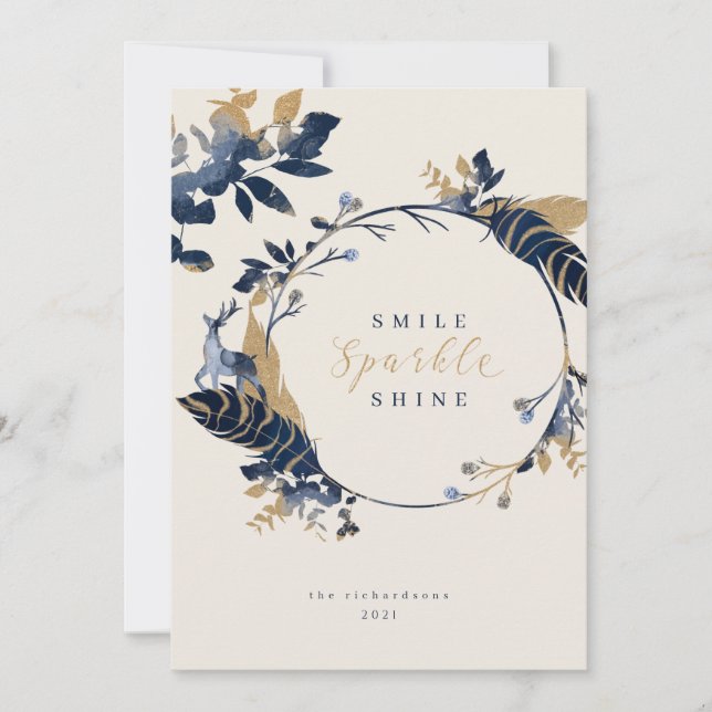 Navy & Gold Jewels Feathers & Foliage Wreath Holiday Card (Front)