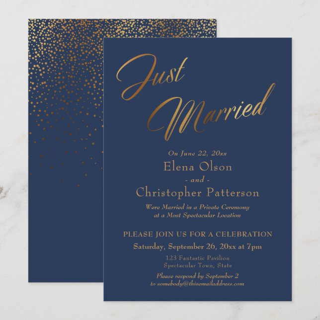 Navy & Gold Just Married Script Confetti Reception Invitation (Front/Back)