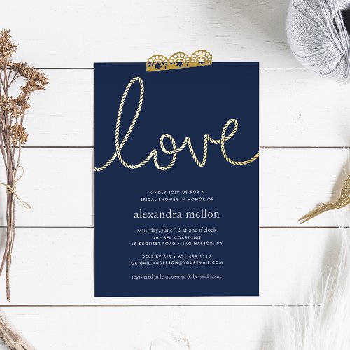 Navy  Gold Knotted Love Nautical Bridal Shower Foil Invitation