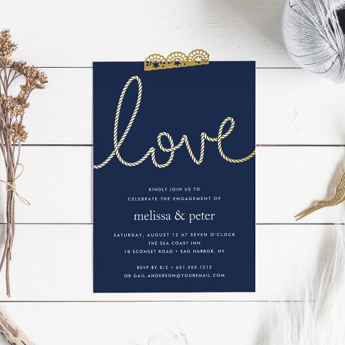 Navy  Gold Knotted Love Nautical Engagement Party Foil Invitation