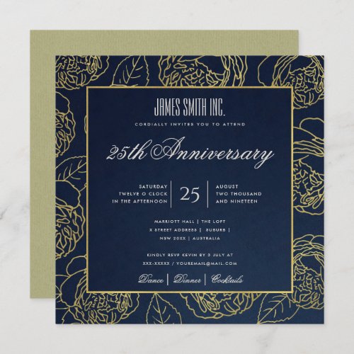 NAVY GOLD KRAFT ROSE FLORAL CORPORATE PARTY EVENT INVITATION