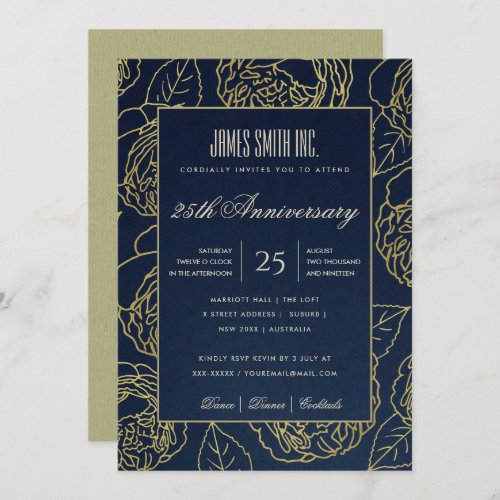NAVY GOLD KRAFT ROSE FLORAL CORPORATE PARTY EVENT INVITATION
