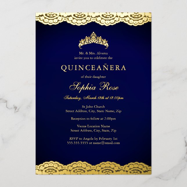 Navy Gold Lace Tiara Quinceanera Foil Invitation (Front)