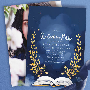 Navy Gold Laurel Book Graduation Party Photo Invitation