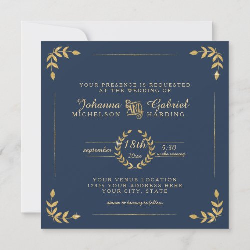 Navy Gold Laurel Leaf Typography Modern Wedding Invitation