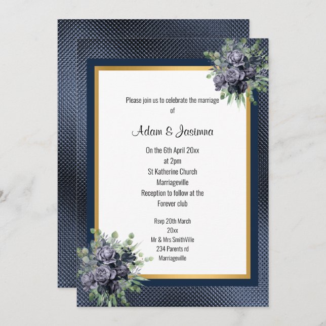 NAVY GOLD LAYERED EMBOSSED FLORAL  WEDDING INVITATION (Front/Back)