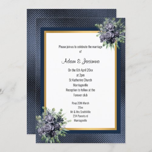 NAVY GOLD LAYERED EMBOSSED FLORAL  WEDDING INVITATION