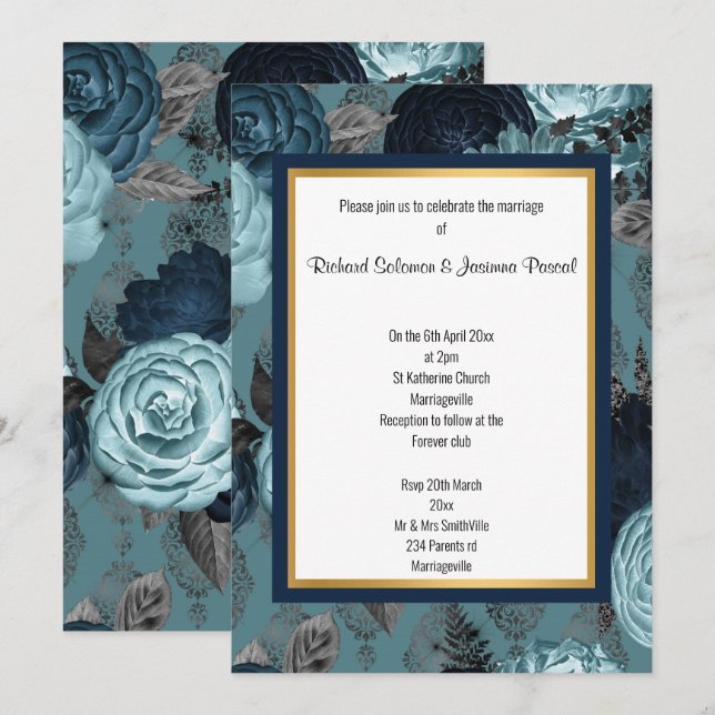 NAVY GOLD LAYERED FLORAL WEDDING INVITATION (Front/Back)