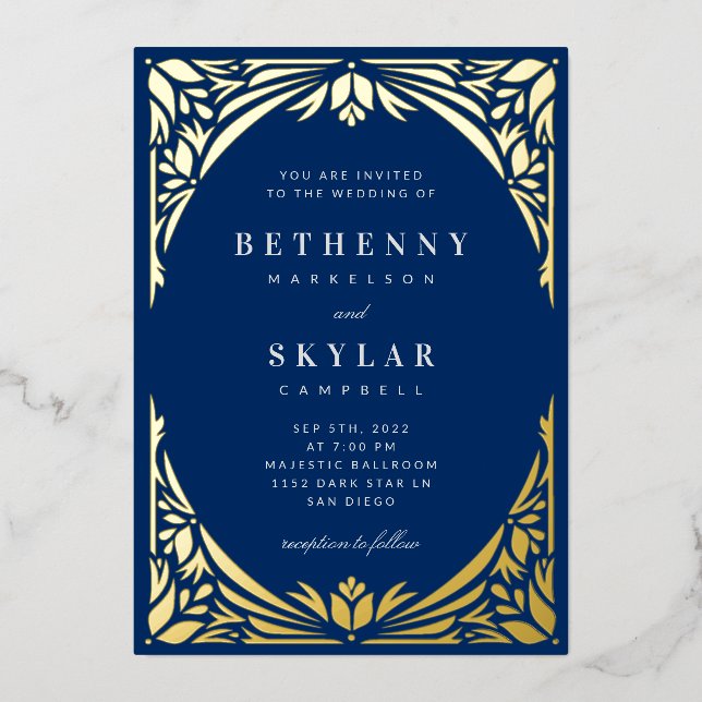 Navy Gold Leaf Gilded Age Foil Invitation (Front)