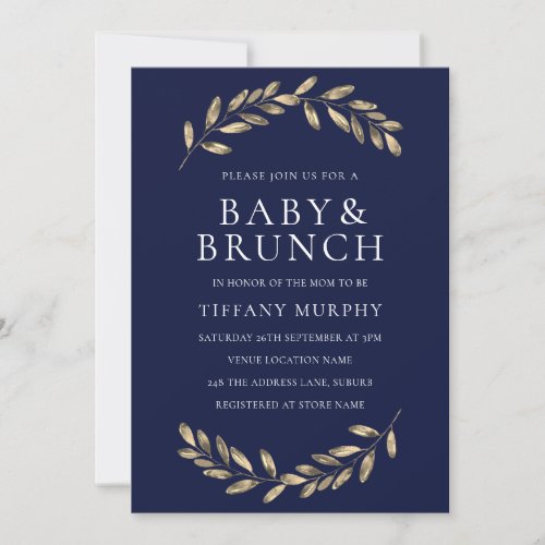 Navy  gold Leaf Wreath Baby Shower Brunch Invite