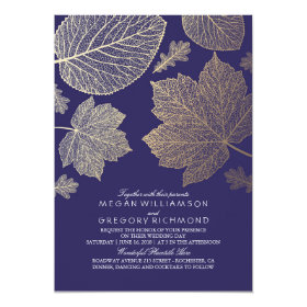 Navy Gold Leaves Vintage Fall Wedding Card
