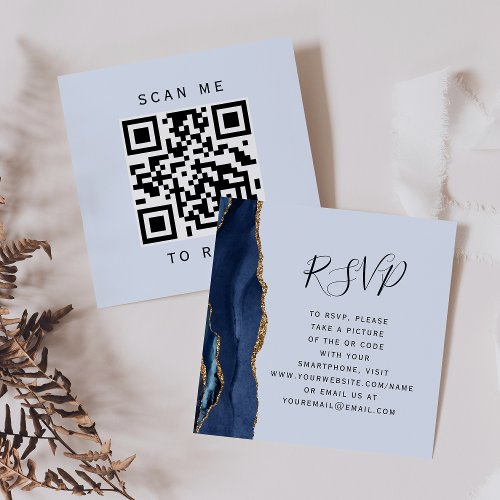 Navy Gold Light Blue Agate Wedding QR Code RSVP Enclosure Card