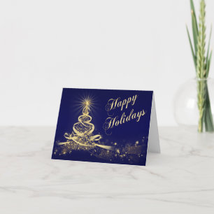 Navy, Gold Lighted Tree Corporate Holiday Card