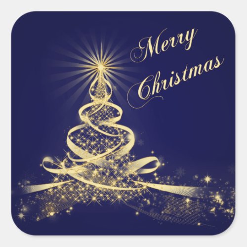 Navy Gold  Lighted Tree Merry Christmas Sticker