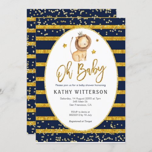 Navy Gold Lion Oh Baby Baby Shower Invitation
