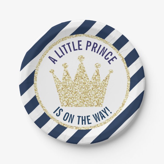 Navy Gold Little Prince on the Way Baby Shower Paper Plates (Front)