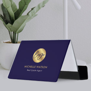 Navy & Gold Logo Corporate Modern Elegant Desk Desk Business Card Holder