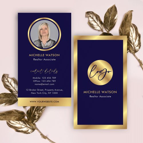 Navy  Gold Logo Elegant Notary Real Estate Photo Business Card