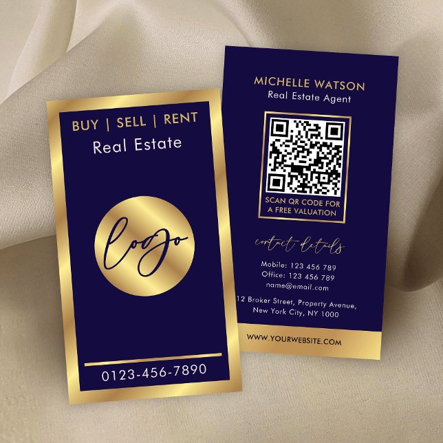Navy & Gold Logo Modern Notary Real Estate QR Code Business Card (Navy and gold real estate agent QR Code business cards)