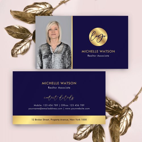 Navy  Gold Logo Modern Real Estate Agent Photo Business Card