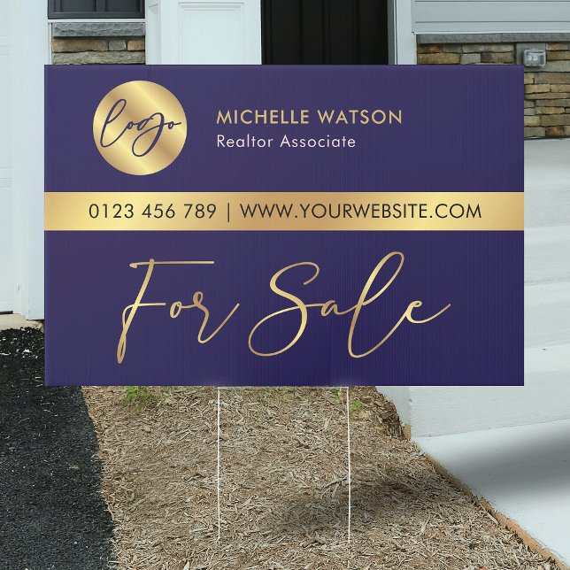 Navy & Gold Logo Professional Real Estate For Sale Sign (Stand out with this modern navy blue and faux gold real estate For Sale Yard Sign with Logo)