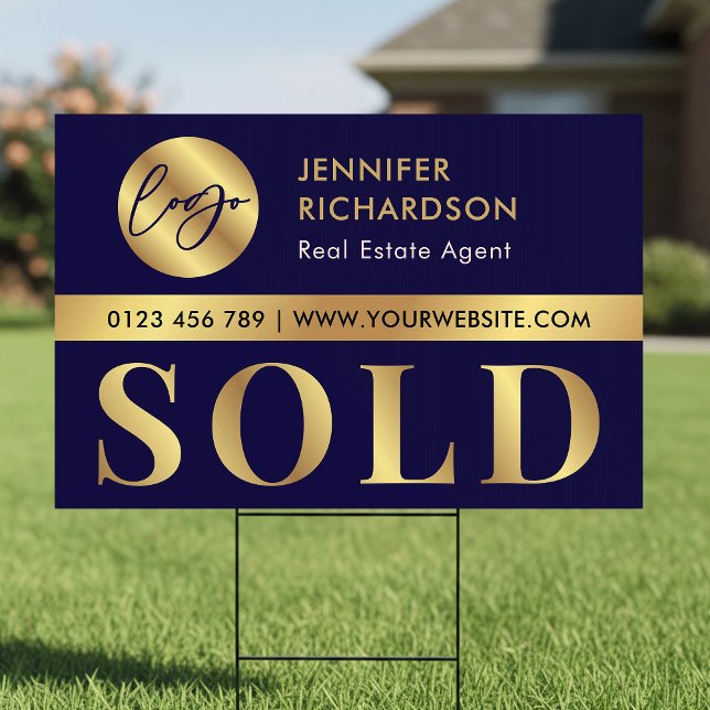 Navy & Gold Logo Real Estate Agent Sold House Sign (Creator Uploaded)