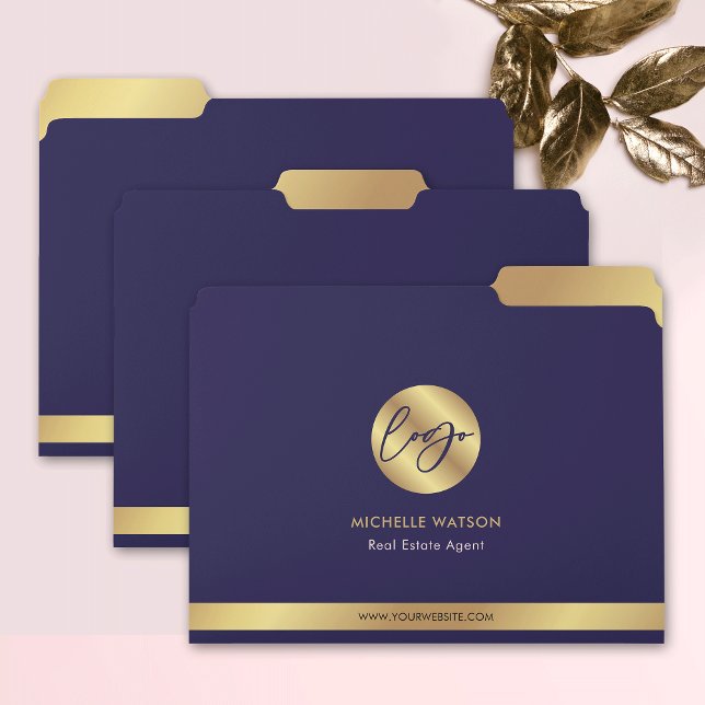 Navy & Gold Logo Real Estate Business Promotional File Folder (Navy and faux gold branded business logo corporate file folders)