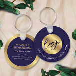 Navy & Gold Logo Real Estate Business Promotional Keychain<br><div class="desc">Promote your business with this custom keychain design in navy blue and gold. Featuring space for your business logo and slogan on the front with your name, job title, contact details and website on the back. The dark blue background paired with the faux gold detailing makes for a stylish corporate...</div>