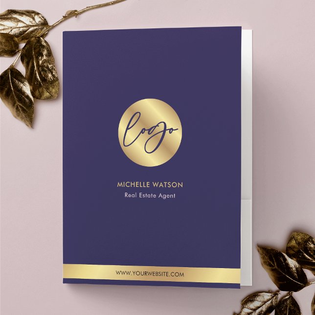 Navy & Gold Logo Real Estate Business Promotional Pocket Folder (Modern business logo promotional pocket folder in navy blue and faux gold)