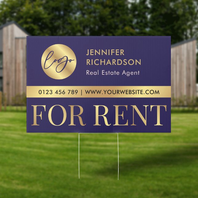 Navy & Gold Logo Real Estate For Rent Marketing Sign (Modern navy and gold For Rent property marketing yard sign with your logo & details)