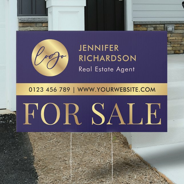 Navy & Gold Logo Real Estate For Sale Promotional Sign (House for sale promotional yard sign in navy and faux gold with your logo and details)