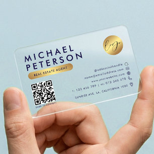 Navy & Gold Logo Scannable QR Code Transparent Clear Business Cards