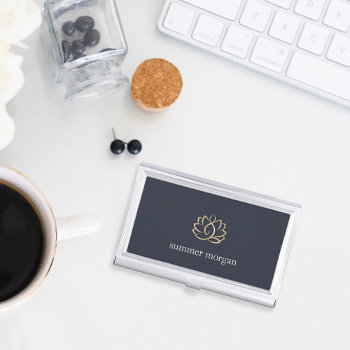 Navy & Gold Lotus Flower Personalized Business Card Case by RedwoodAndVine at Zazzle