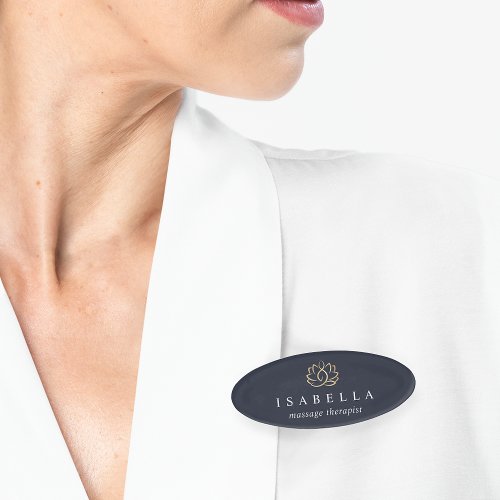 Navy  Gold Lotus Logo  Spa Employee Name Tag