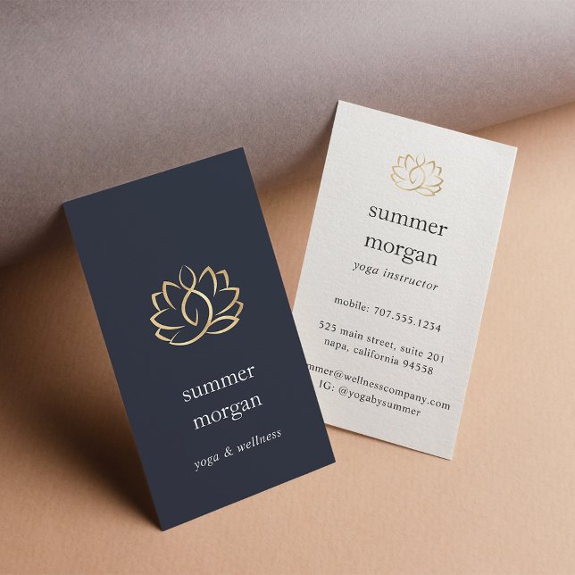 Navy & Gold Lotus Logo | Yoga Wellness Massage Business Card (Creator Uploaded)