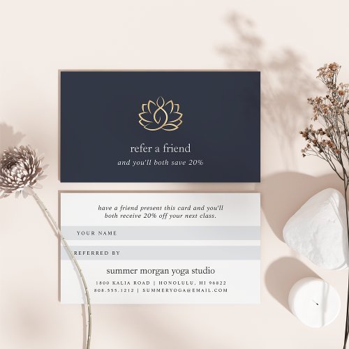 Navy  Gold Lotus Logo  Yoga Wellness Spa Referral Card