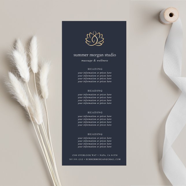Navy & Gold Lotus | Spa Pricing or Services Rack Card (Creator Uploaded)