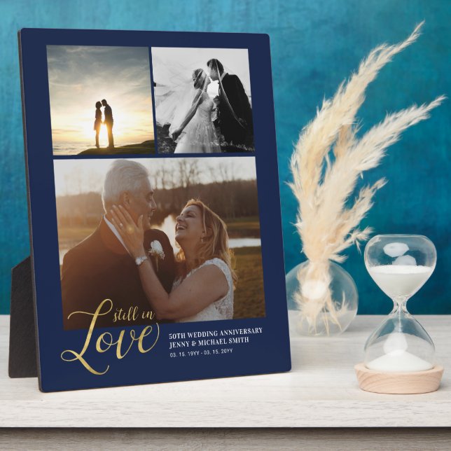 Navy & Gold Love Anniversary Gift Photo Collage Plaque (Side)