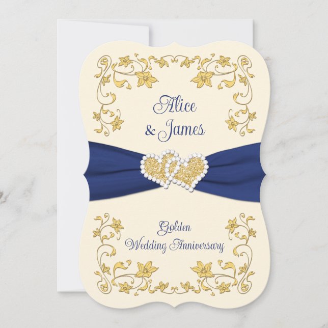 Navy, Gold Love Hearts 50th Wedding Anniversary Invitation (Front)
