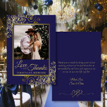 Navy & Gold Love & Thanks Photo & Note Wedding Thank You Card<br><div class="desc">These beautiful navy blue & gold colored wedding thank you cards feature your photo in a faux foil golden frame surrounded by ornate golden curls and swirls. The caption reads: Love and Thanks, with your names below. The back has a romantic linked hearts graphic along with a custom note and...</div>
