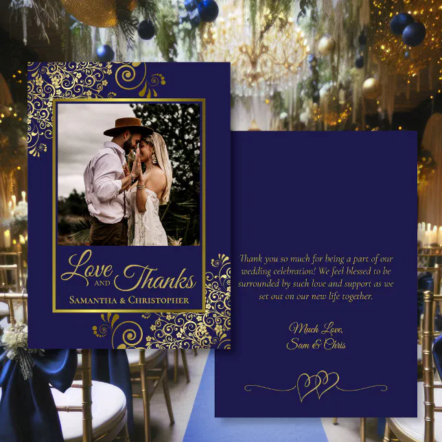 Navy & Gold Love & Thanks Photo & Note Wedding Thank You Card | Zazzle