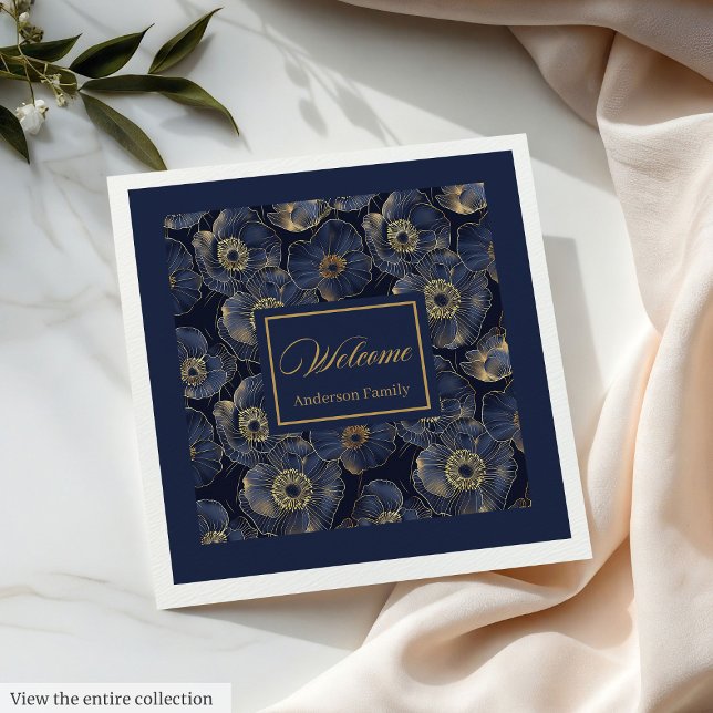 Navy Gold Lux Napkins Custom Name Floral Accent (Navy Gold Lux Napkins Custom Name Floral Accent)