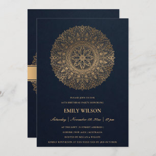 NAVY GOLD MANDALA ANY YEAR 50TH BIRTHDAY PARTY INVITATION