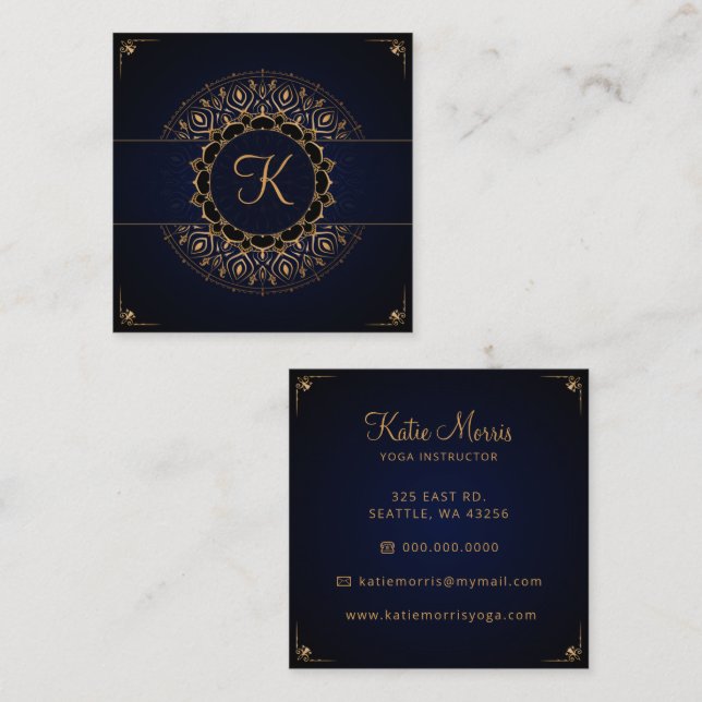 Navy Gold Mandala Elegant Yoga Instructor  Square Business Card (Front/Back)