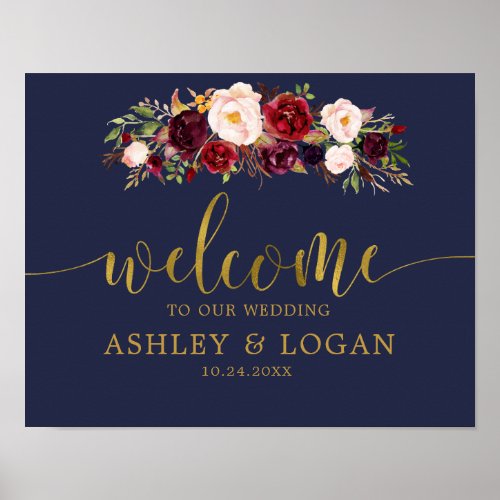 Navy Gold Marsala Boho Fall Wedding Welcome Poster