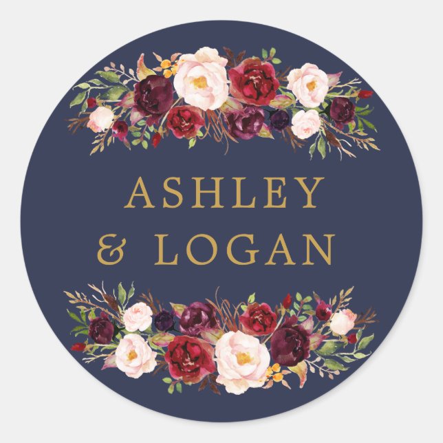 Navy Gold Marsala Floral Wedding Favor Sticker (Front)