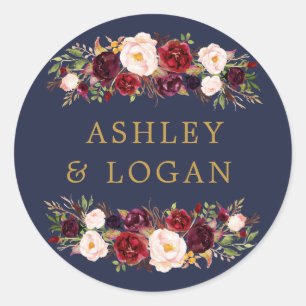 Navy Gold Marsala Floral Wedding Favor Sticker
