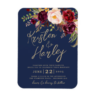 Navy Gold Marsala Wedding Invitation Magnet
