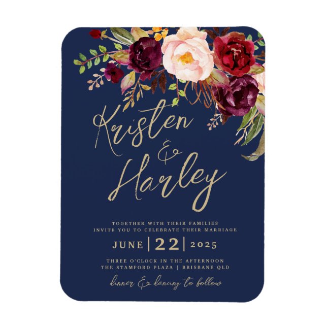 Navy Gold Marsala Wedding Invitation Magnet (Vertical)